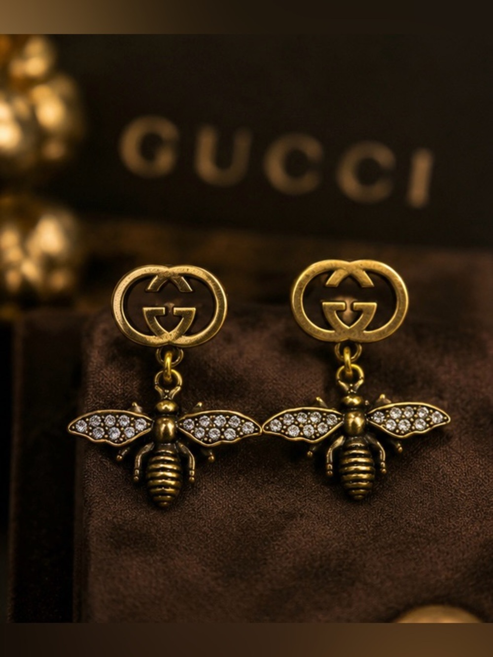 Gold Tone Bee Rhinestone Dangle Earrings Vintage Statement Style